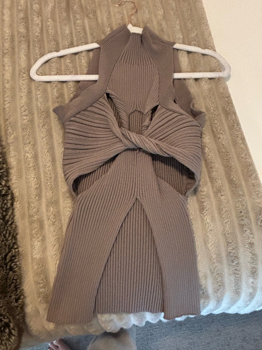 Knit Twist Front Sleeveless Dress - Taupe